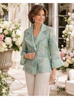 Armani Collezioni Italy Sheer Floral Jacquard Jacket Mint Green Linen Silk Blend